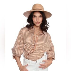 Romi Basha Timeless Boho Tan Striped Lace Shirt Blouse Women’s Size Large XL